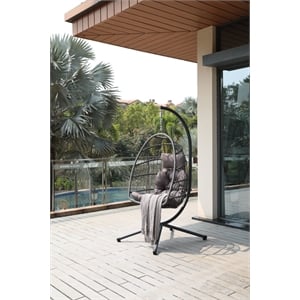 Gray Aluminum Outdoor Wicker Hanging Egg Chair with Stand and Cup Holder