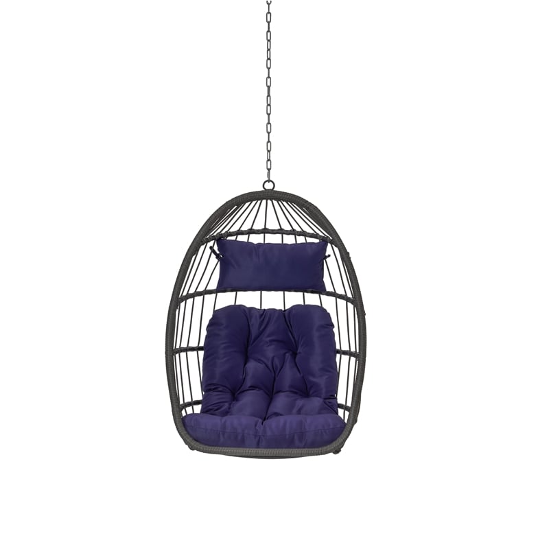 Blue Rattan Outdoor Garden Egg Swing Hanging Chair with PE Wicker and Stand
