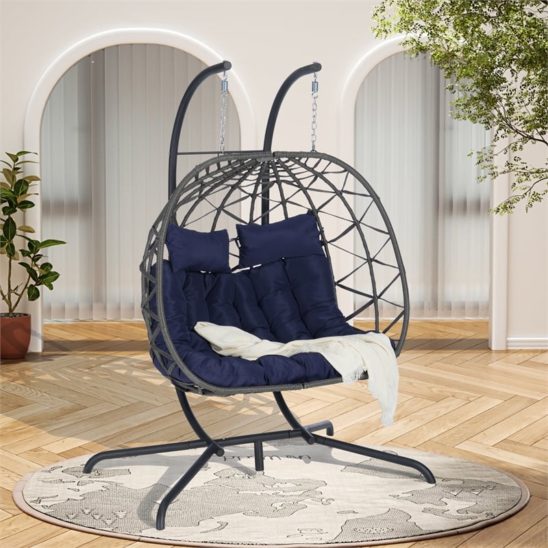 Blue Rattan Double Hanging Egg Chair with Stand and UV Resistant Cushions