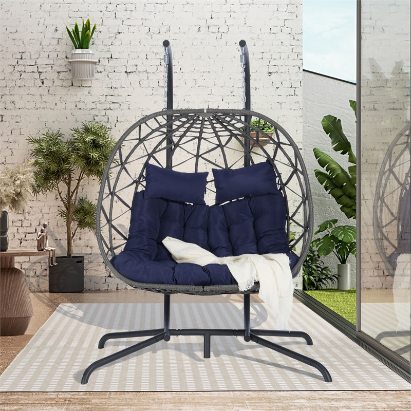 Blue Rattan Double Hanging Egg Chair with Stand and UV Resistant Cushions