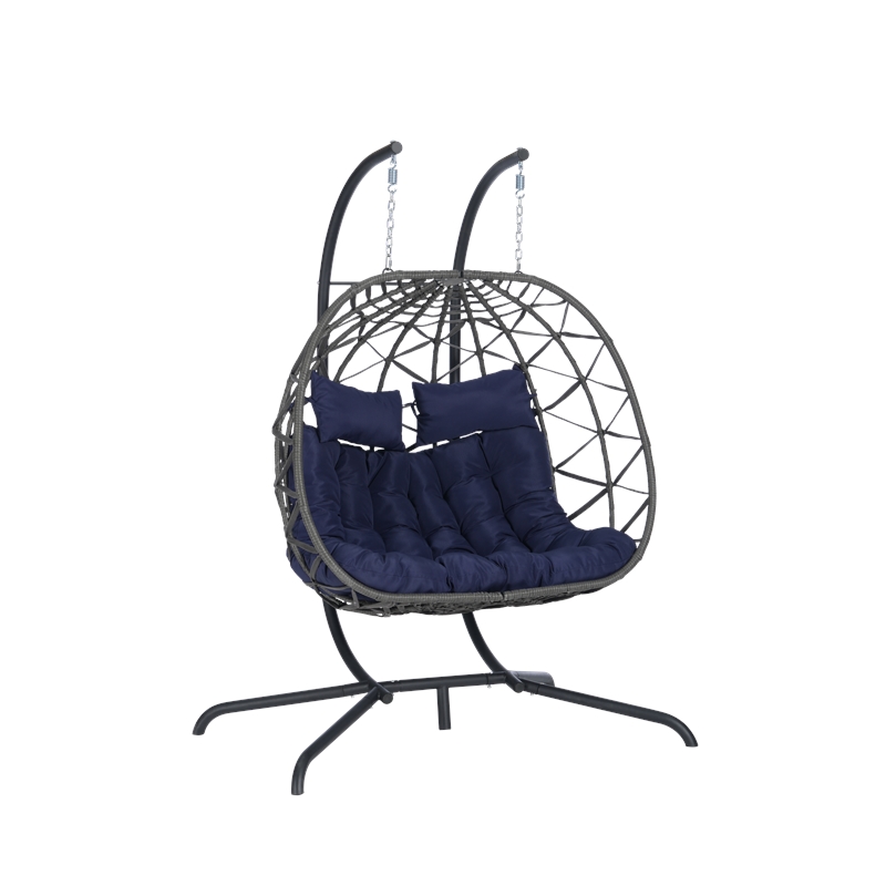 Blue Rattan Double Hanging Egg Chair with Stand and UV Resistant Cushions