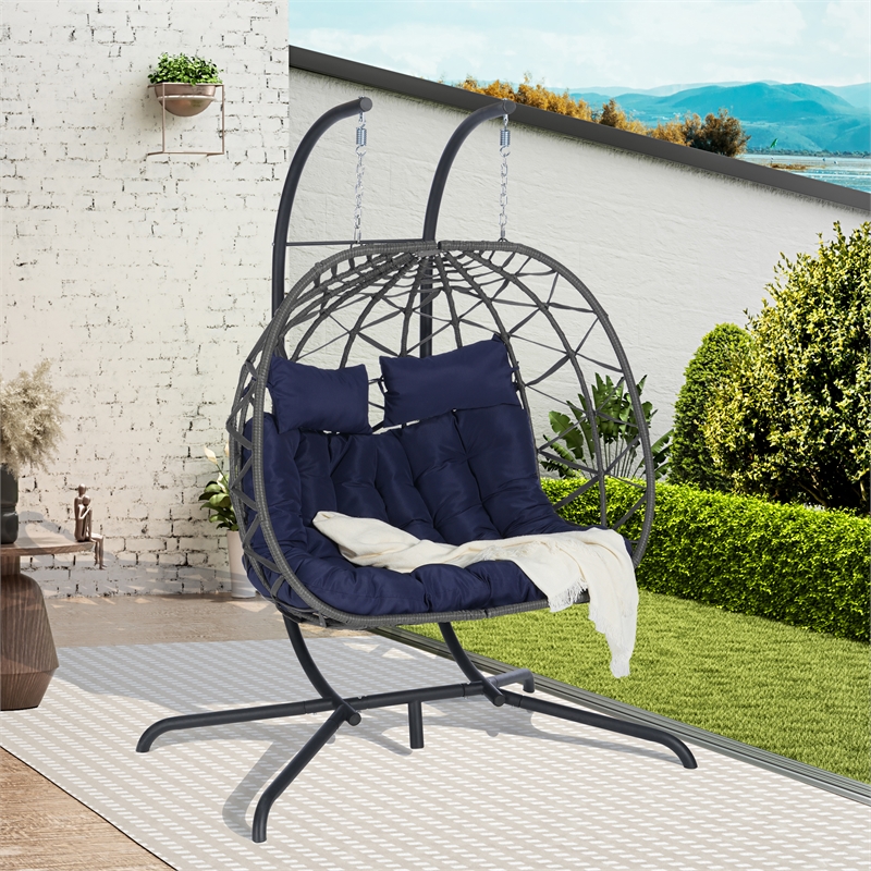Blue Rattan Double Hanging Egg Chair with Stand and UV Resistant Cushions