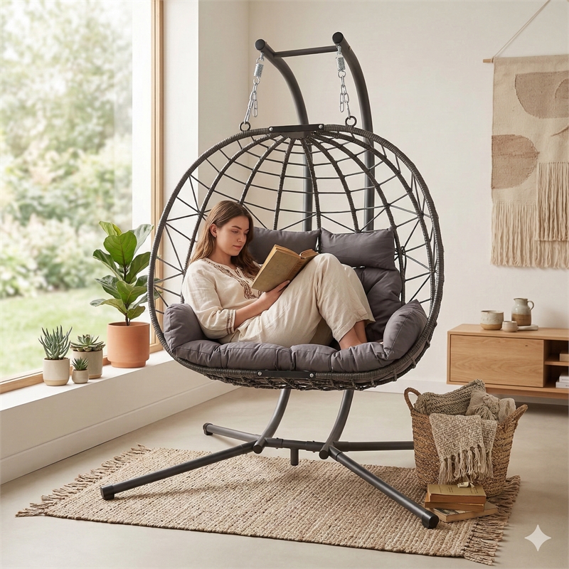 Gray Wicker / Rattan Double Hanging Egg Chair with Stand and Cushion Loveseat