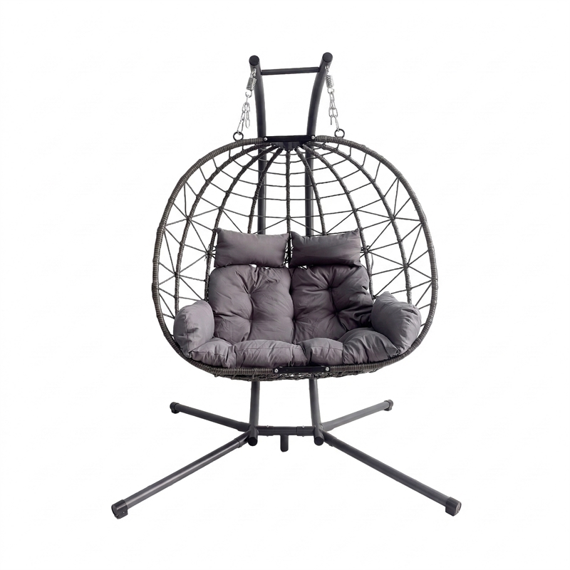Gray Wicker / Rattan Double Hanging Egg Chair with Stand and Cushion Loveseat