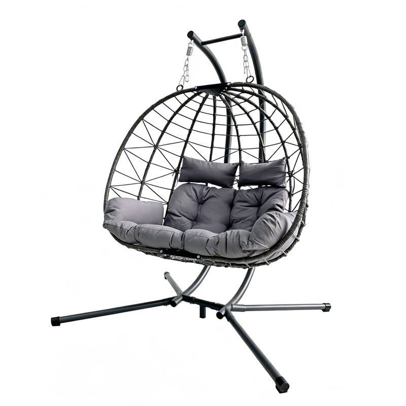 Gray Wicker / Rattan Double Hanging Egg Chair with Stand and Cushion Loveseat