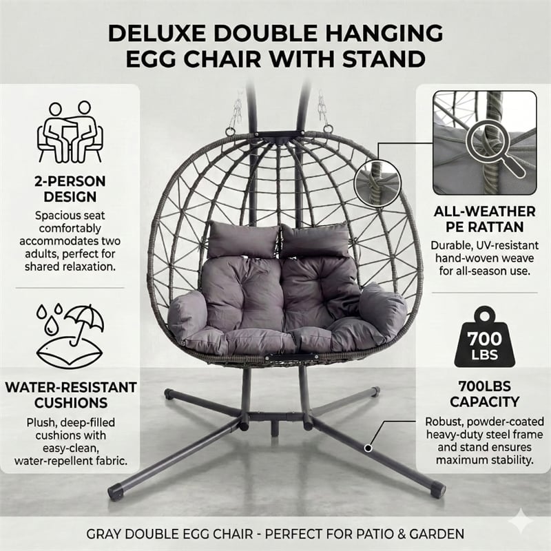 Gray Wicker / Rattan Double Hanging Egg Chair with Stand and Cushion Loveseat