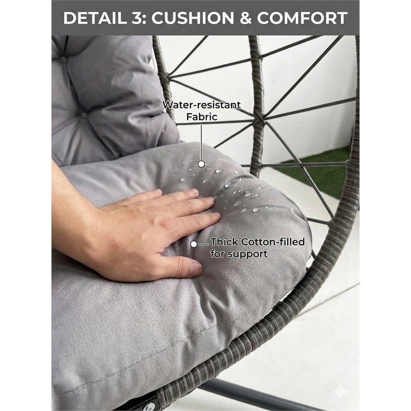 Gray Wicker / Rattan Double Hanging Egg Chair with Stand and Cushion Loveseat