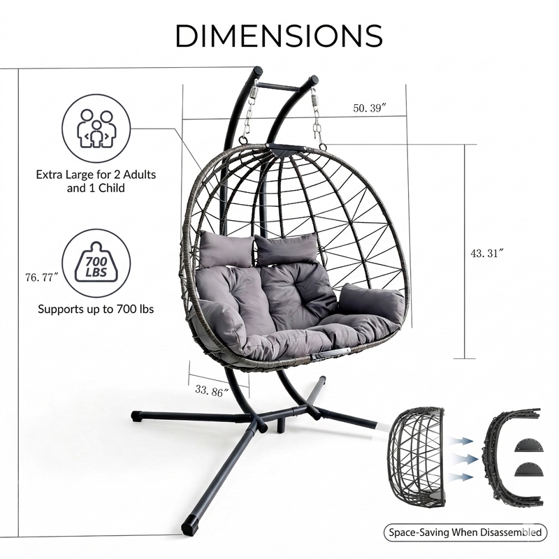 Gray Wicker / Rattan Double Hanging Egg Chair with Stand and Cushion Loveseat