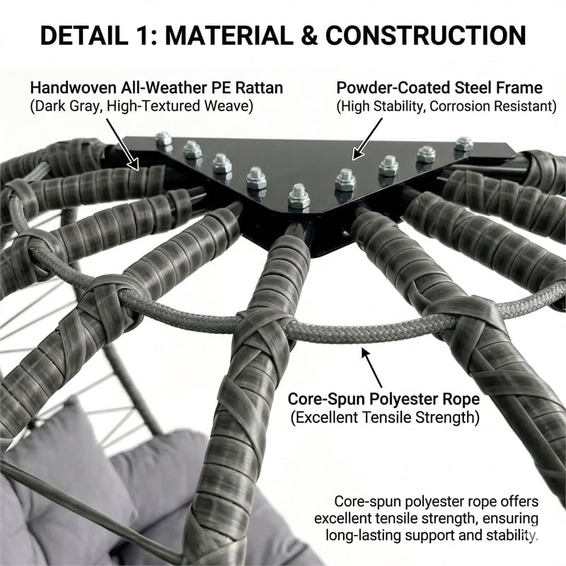 Gray Wicker / Rattan Double Hanging Egg Chair with Stand and Cushion Loveseat