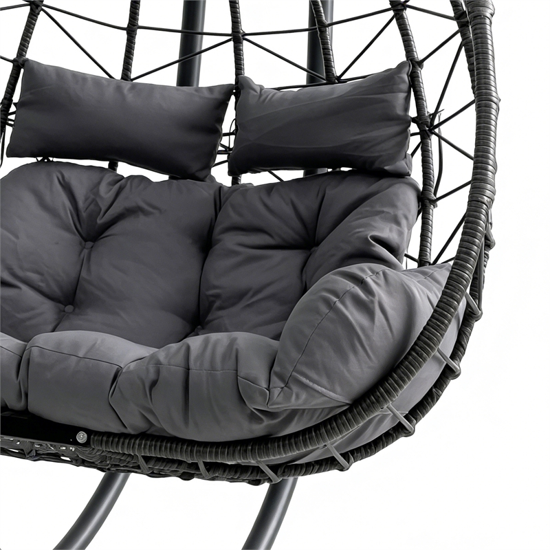 Gray Wicker / Rattan Double Hanging Egg Chair with Stand and Cushion Loveseat