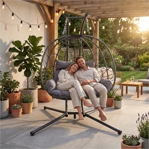 Gray Wicker / Rattan Double Hanging Egg Chair with Stand and Cushion Loveseat