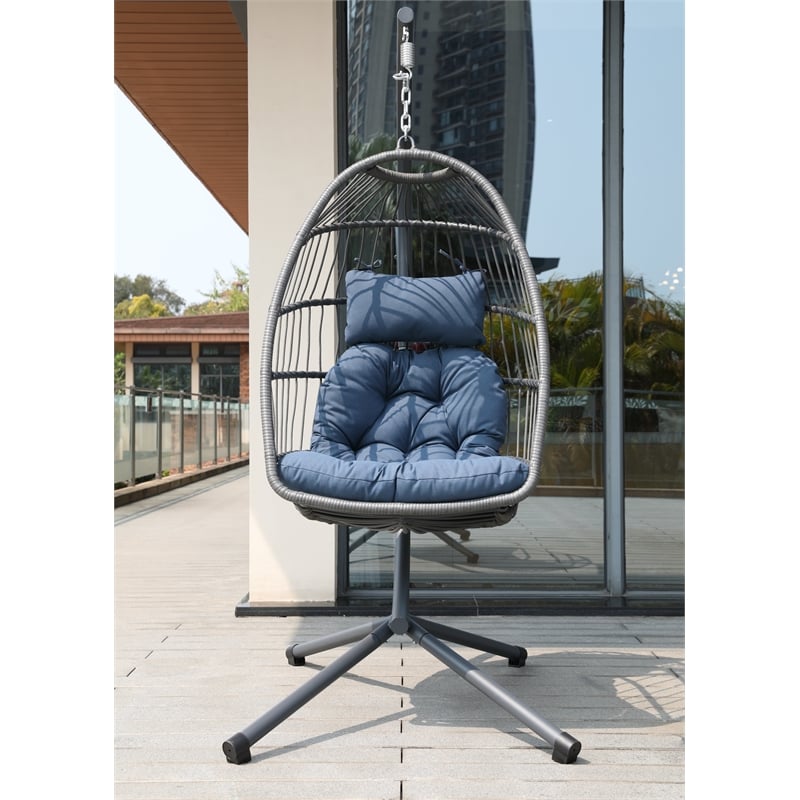 Blue Aluminum Outdoor Wicker Hanging Egg Chair with Stand and Cup Holder