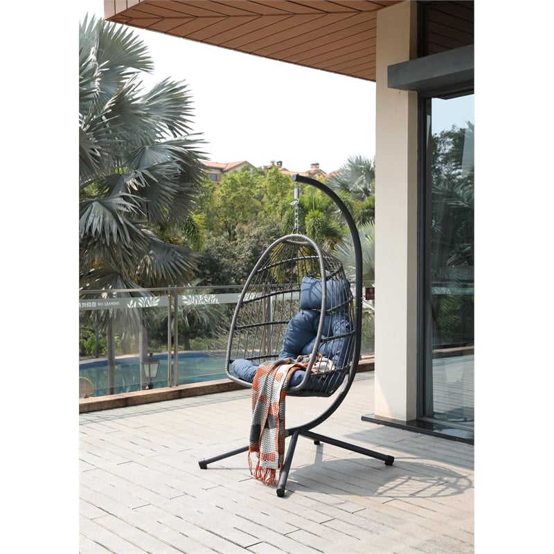Blue Aluminum Outdoor Wicker Hanging Egg Chair with Stand and Cup Holder