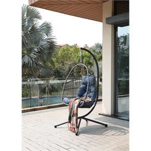 Blue Aluminum Outdoor Wicker Hanging Egg Chair with Stand and Cup Holder