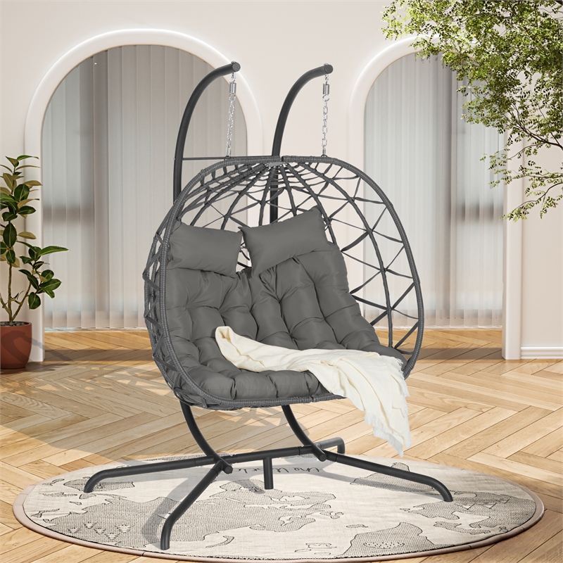 Gray Rattan Double Egg Chair with Stand and UV Resistant Cushions