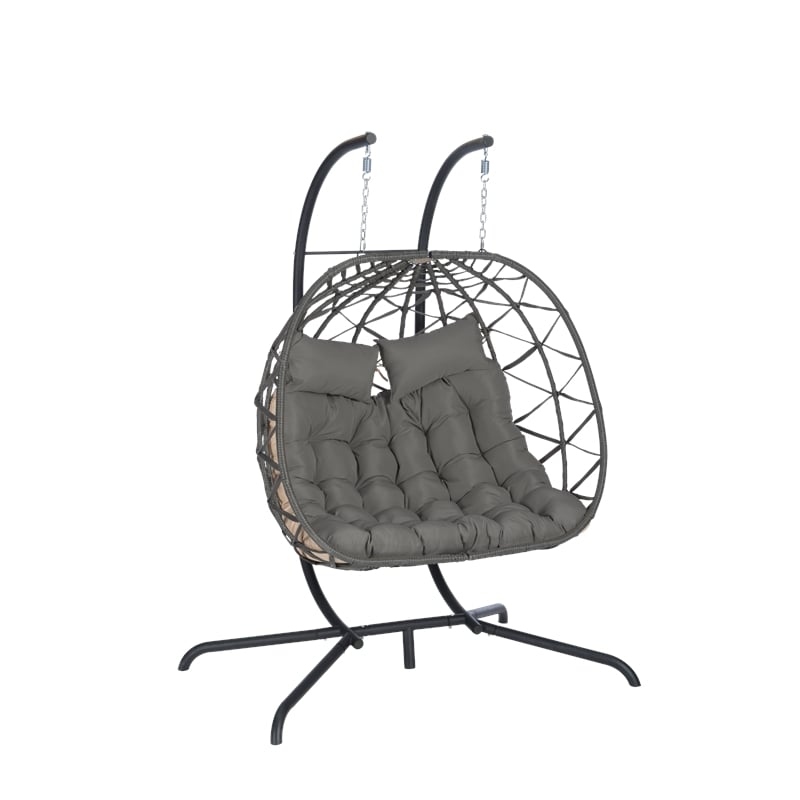 Gray Rattan Double Egg Chair with Stand and UV Resistant Cushions