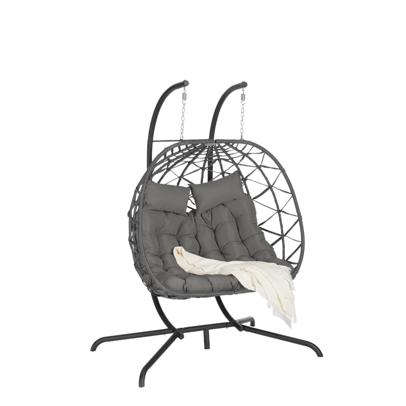 Gray Rattan Double Egg Chair with Stand and UV Resistant Cushions