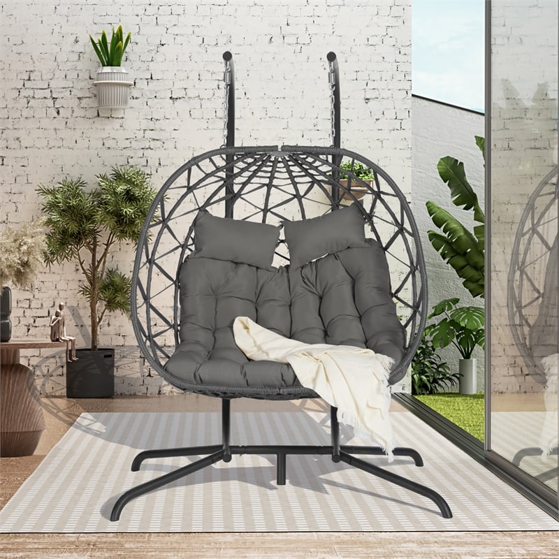 Gray Rattan Double Egg Chair with Stand and UV Resistant Cushions