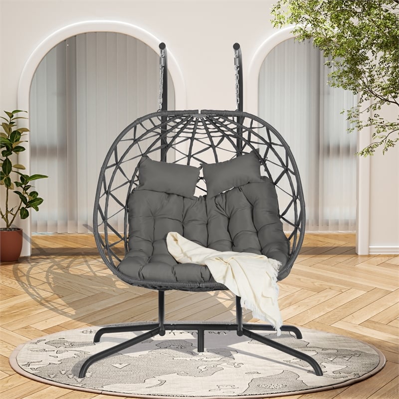 Gray Rattan Double Egg Chair with Stand and UV Resistant Cushions