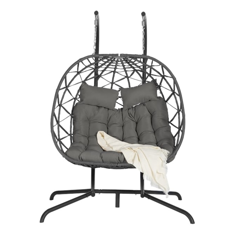 Gray Rattan Double Egg Chair with Stand and UV Resistant Cushions