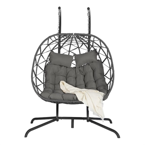 Gray Rattan Double Egg Chair with Stand and UV Resistant Cushions