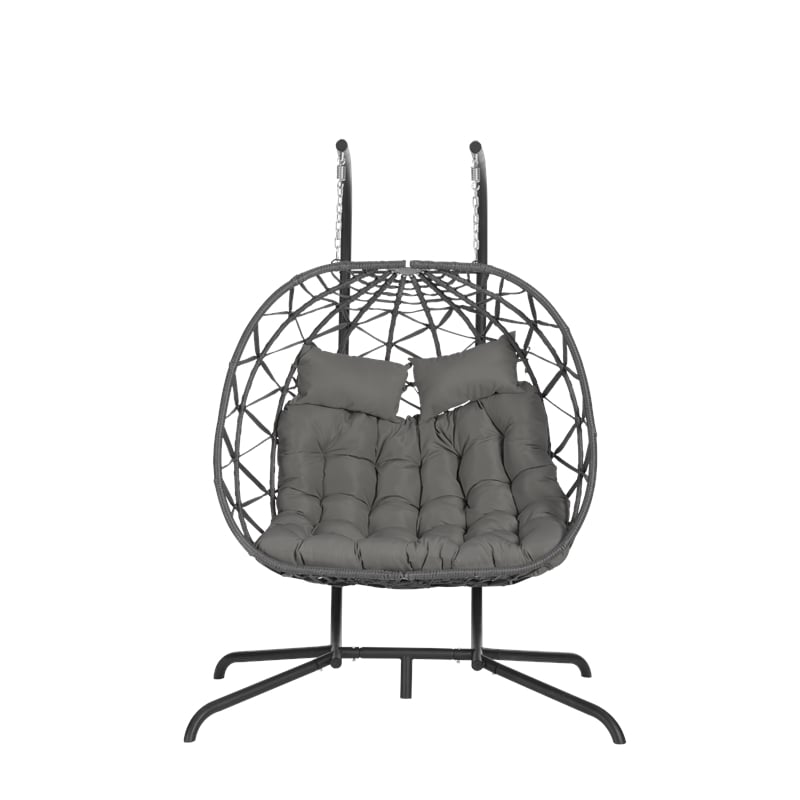 Gray Rattan Double Egg Chair with Stand and UV Resistant Cushions