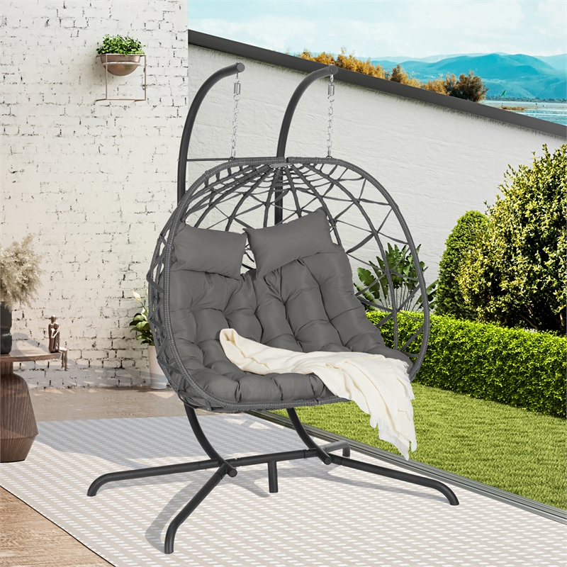 Gray Rattan Double Egg Chair with Stand and UV Resistant Cushions