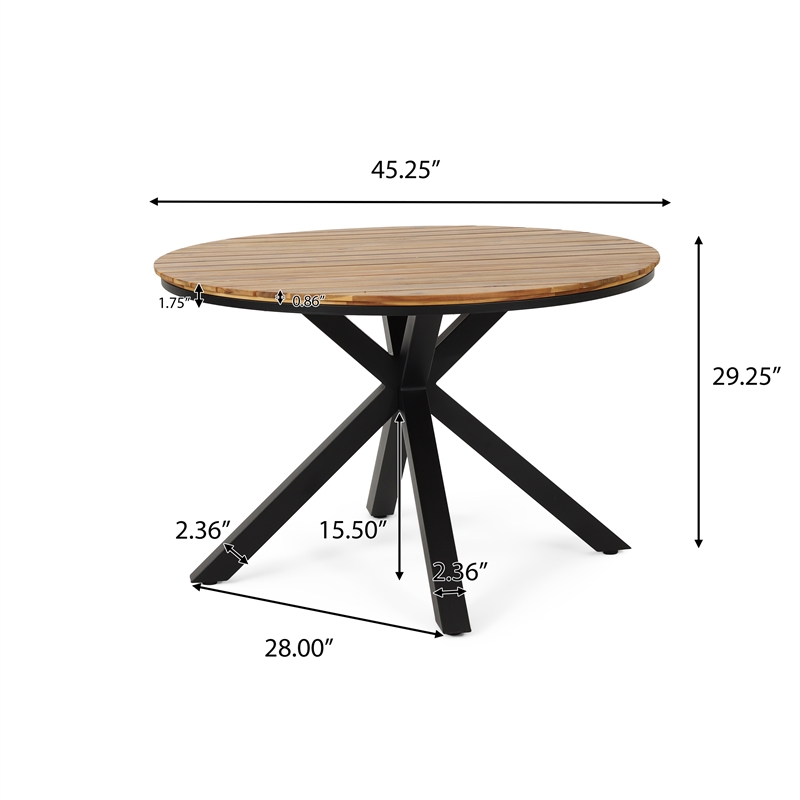 Teak Wood Outdoor Dining Table with Black Metal Legs for Patio and Garden