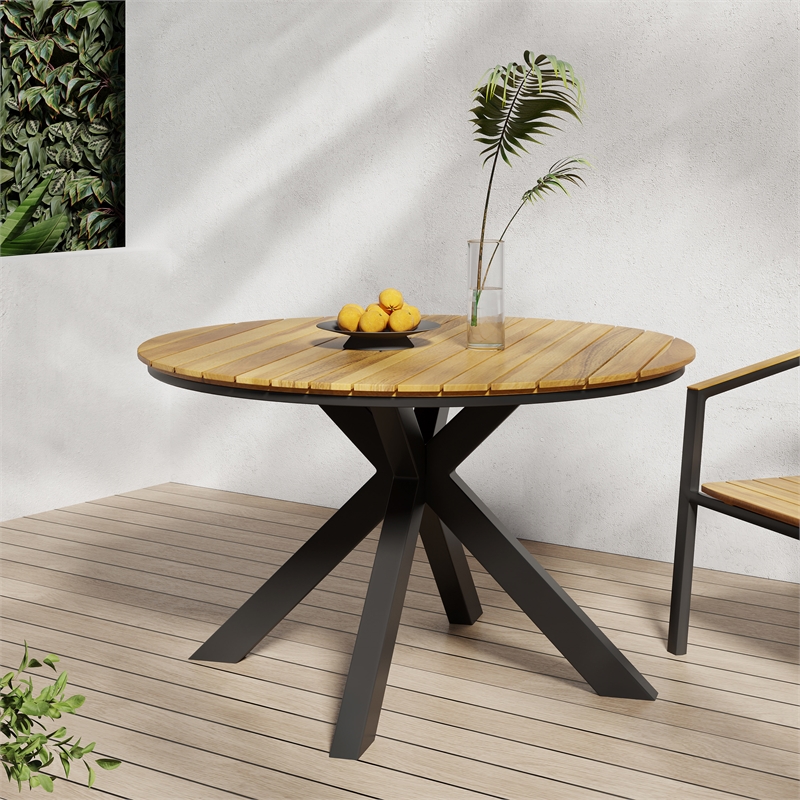 Teak Wood Outdoor Dining Table with Black Metal Legs for Patio and Garden
