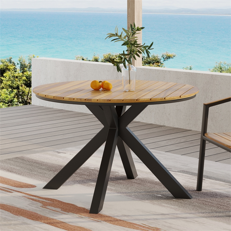 Teak Wood Outdoor Dining Table with Black Metal Legs for Patio and Garden