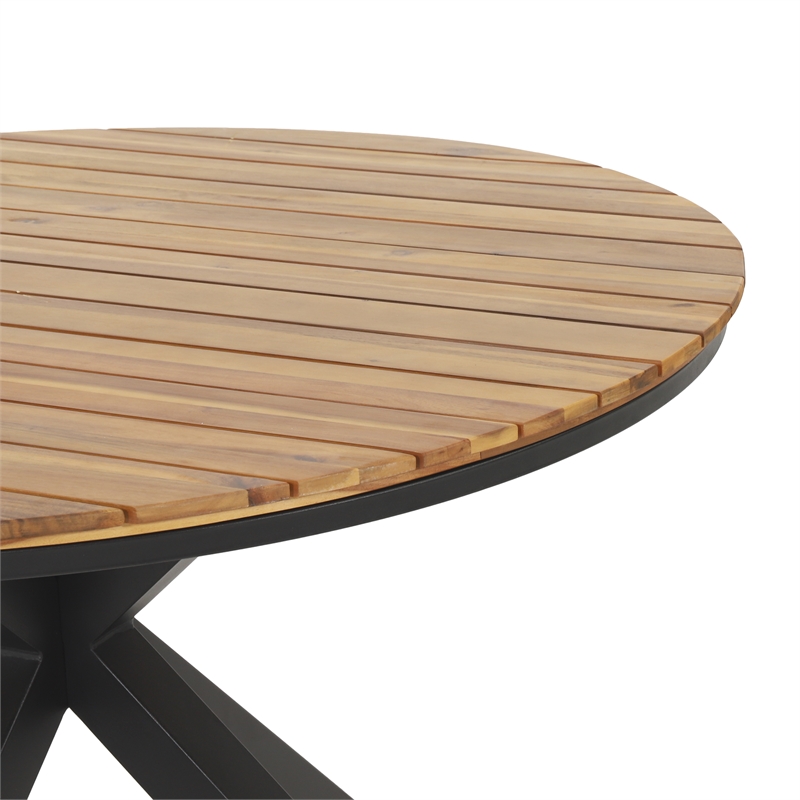 Teak Wood Outdoor Dining Table with Black Metal Legs for Patio and Garden