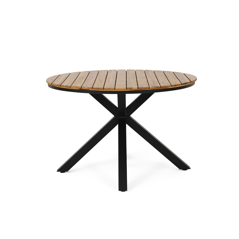 Teak Wood Outdoor Dining Table with Black Metal Legs for Patio and Garden