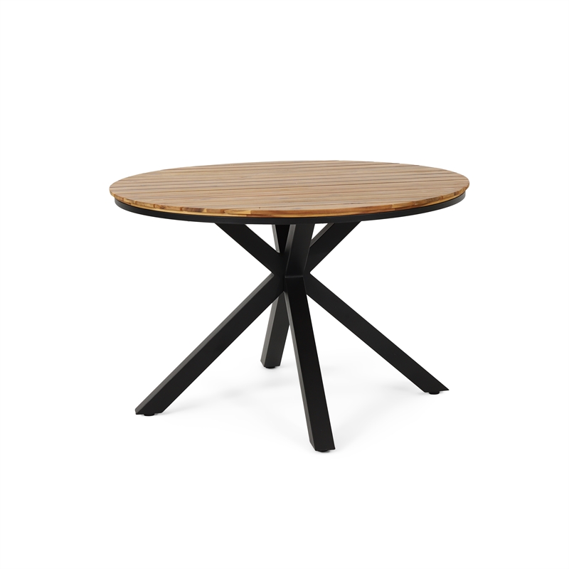 Teak Wood Outdoor Dining Table with Black Metal Legs for Patio and Garden