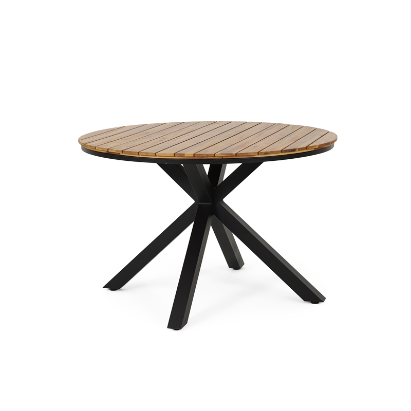 Teak Wood Outdoor Dining Table with Black Metal Legs for Patio and Garden