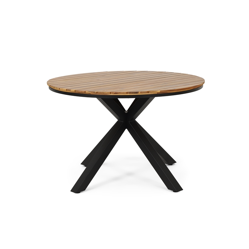 Teak Wood Outdoor Dining Table with Black Metal Legs for Patio and Garden