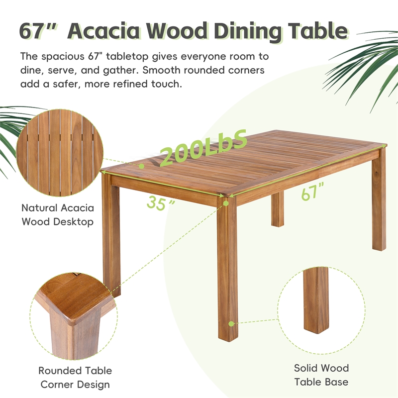 67 Natural Wood Rectangular Outdoor Patio Dining Table for Garden and Poolside