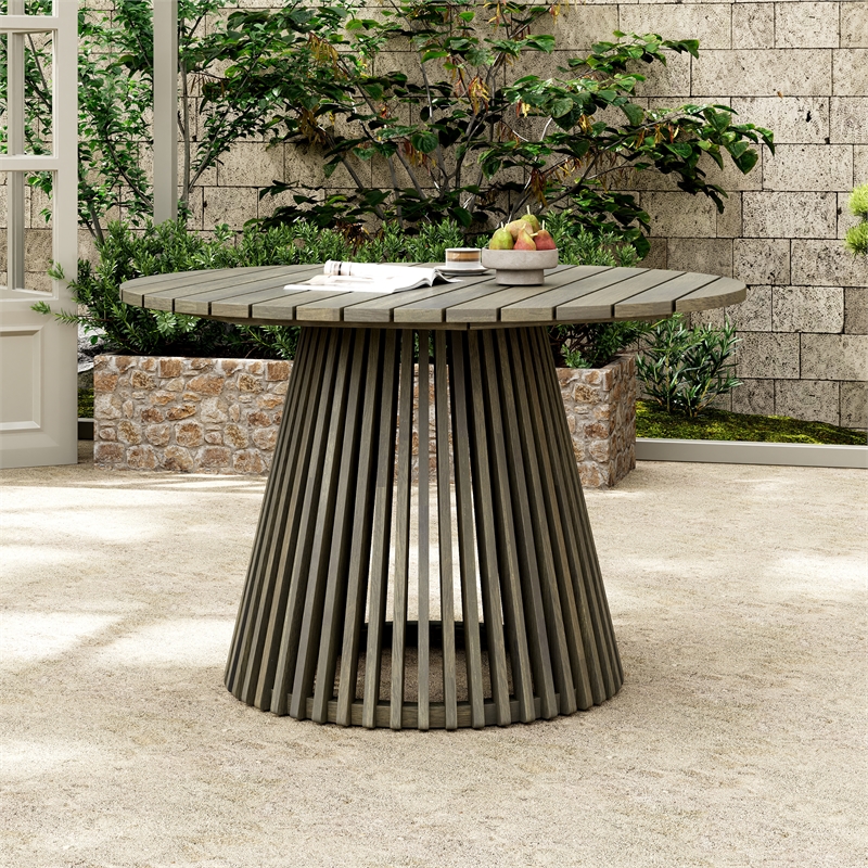 47.25 Round Gray Wood Outdoor Patio Dining Table for Backyard and Balcony