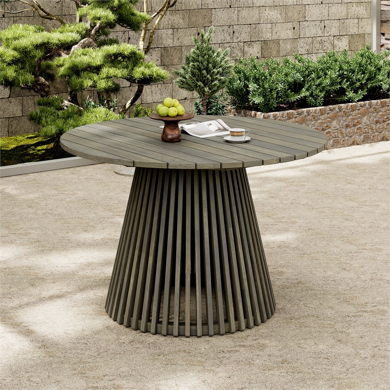 47.25 Round Gray Wood Outdoor Patio Dining Table for Backyard and Balcony