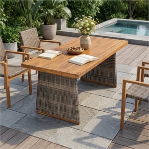 Gray Wood Outdoor Dining Table with Teak Finish and Wicker Accents
