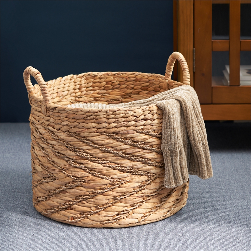 15 Round Water Hyacinth Woven Basket with Handles for Storage