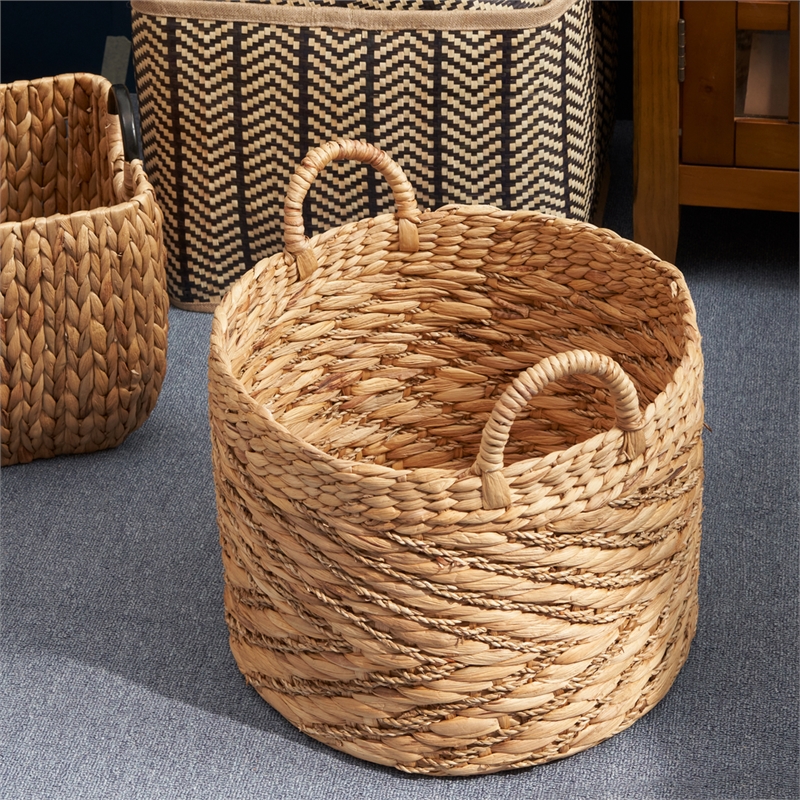 15 Round Water Hyacinth Woven Basket with Handles for Storage