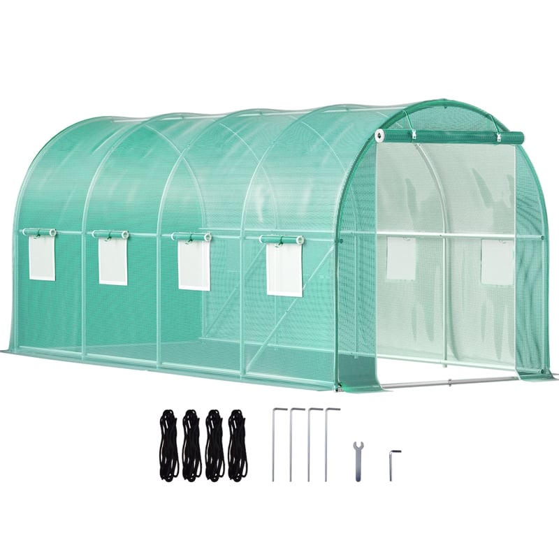 14.8ft Green Steel Walk-in Tunnel Greenhouse with 8 Roll up Windows
