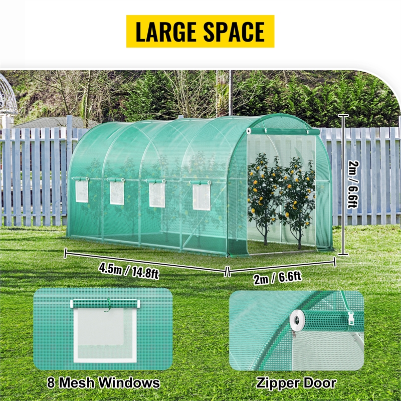 14.8ft Green Steel Walk-in Tunnel Greenhouse with 8 Roll up Windows
