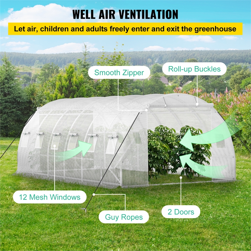 White Polyester Walk in Tunnel Greenhouse with 12 Roll up Windows