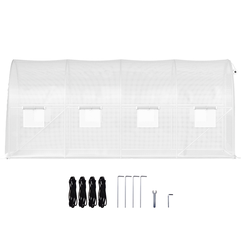 White Polyester 15 Walk-in Tunnel Greenhouse with 8 Mesh Windows  Zippered Door