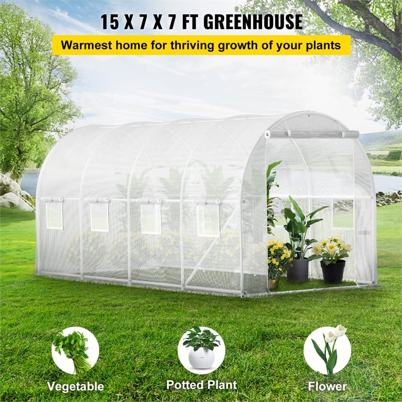 White Polyester 15 Walk-in Tunnel Greenhouse with 8 Mesh Windows  Zippered Door