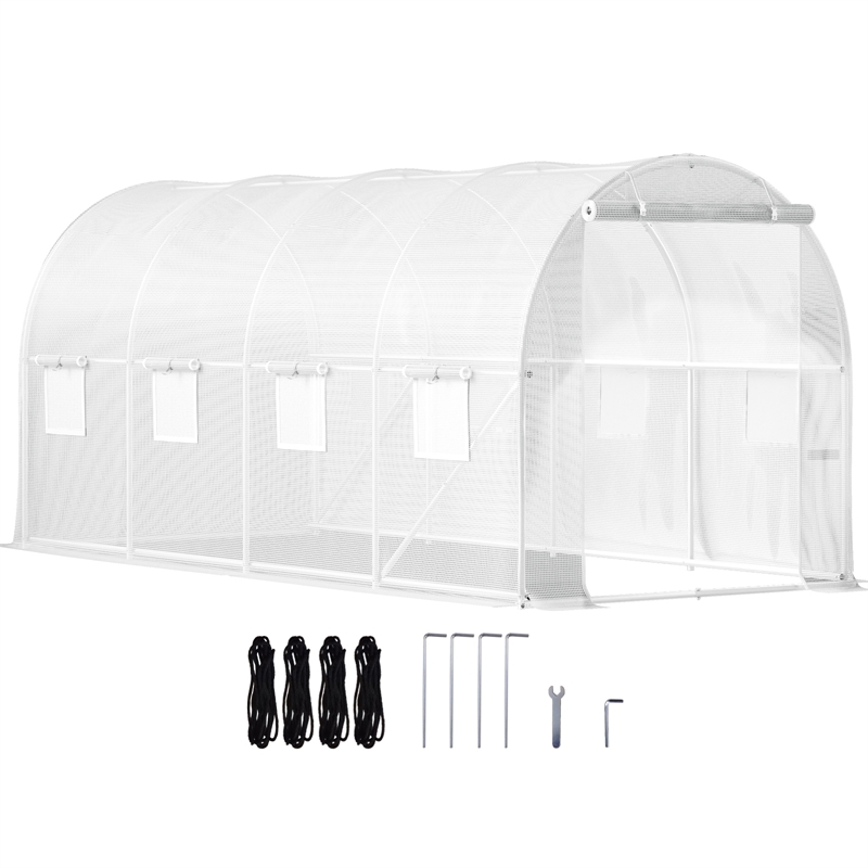 White Polyester 15 Walk-in Tunnel Greenhouse with 8 Mesh Windows  Zippered Door
