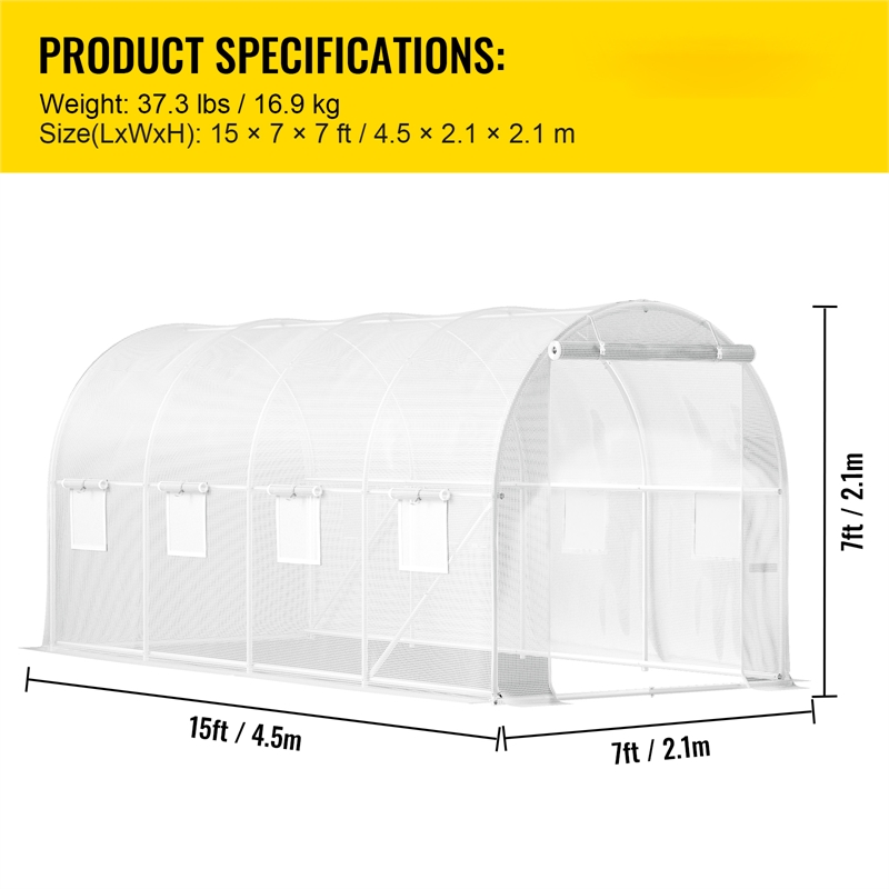White Polyester 15 Walk-in Tunnel Greenhouse with 8 Mesh Windows  Zippered Door