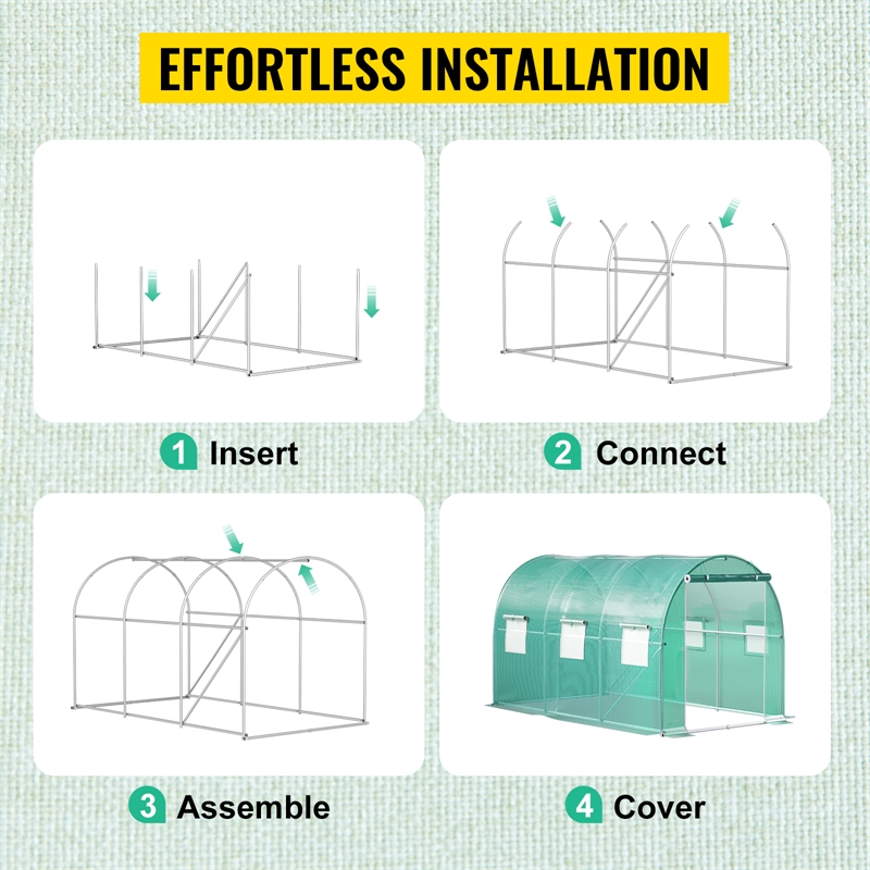 Green Polyester 12 ft Walk-in Tunnel Greenhouse with Steel Hoops