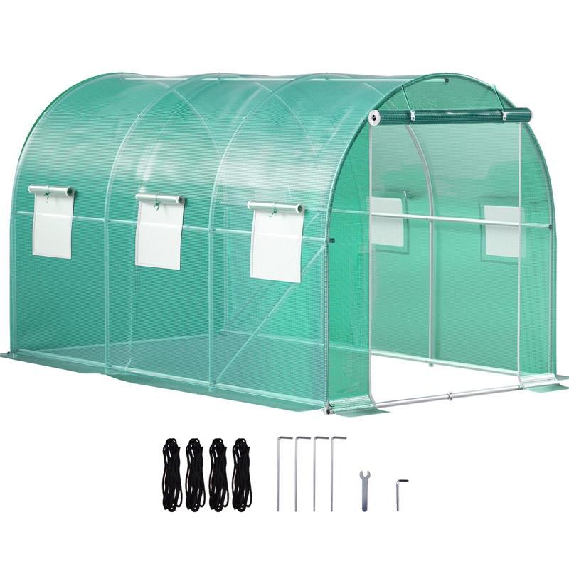 Green Polyester 12 ft Walk-in Tunnel Greenhouse with Steel Hoops